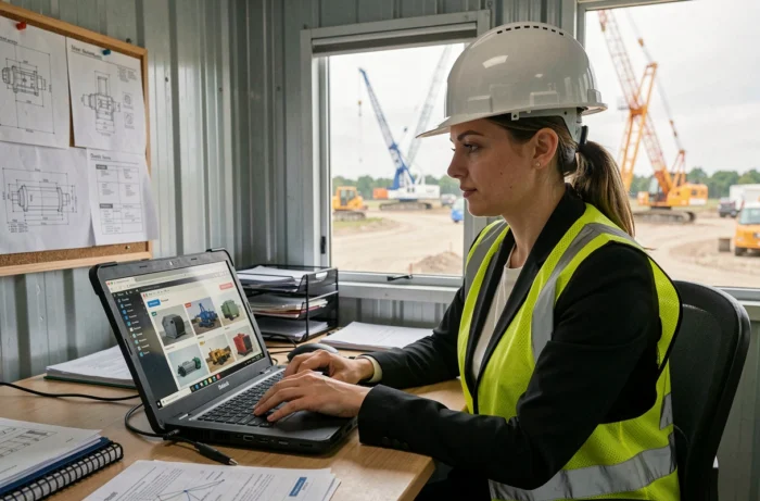Acheteuse professionnelle consultant une plateforme de matériel industriel d'occasion sur ordinateur