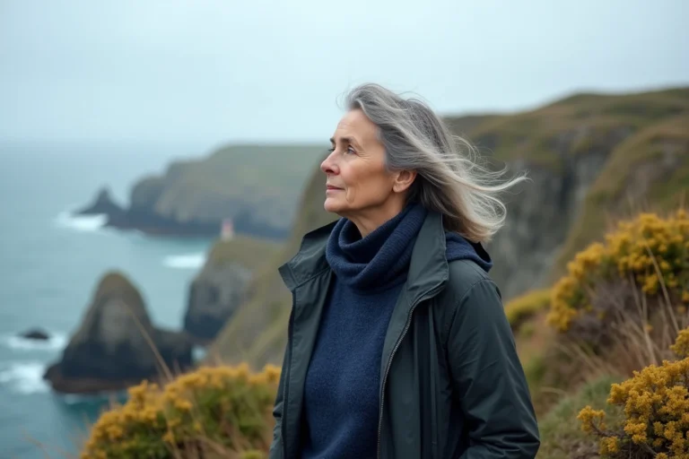 Femme bretonne contemplant la côte sauvage du Finistère avec un phare dans la brume en arrière-plan