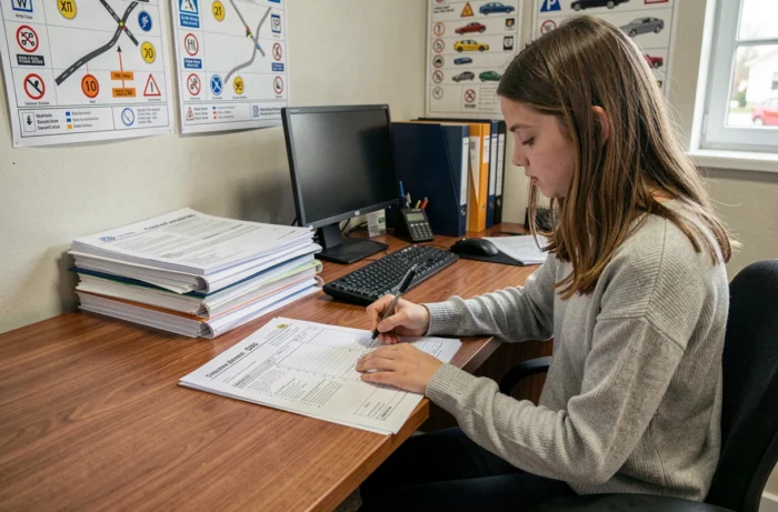 Adolescente de 16 ans remplissant un dossier administratif dans une auto-école pour s'inscrire au permis de conduire accompagné AAC