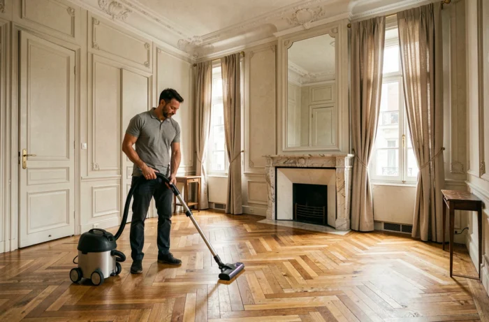 Agent de nettoyage passant l'aspirateur sur un parquet en chevrons dans un salon haussmannien parisien