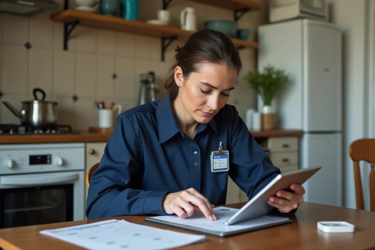 Aide à domicile ADMR consultant un planning numérique sur tablette pour le suivi des temps de travail