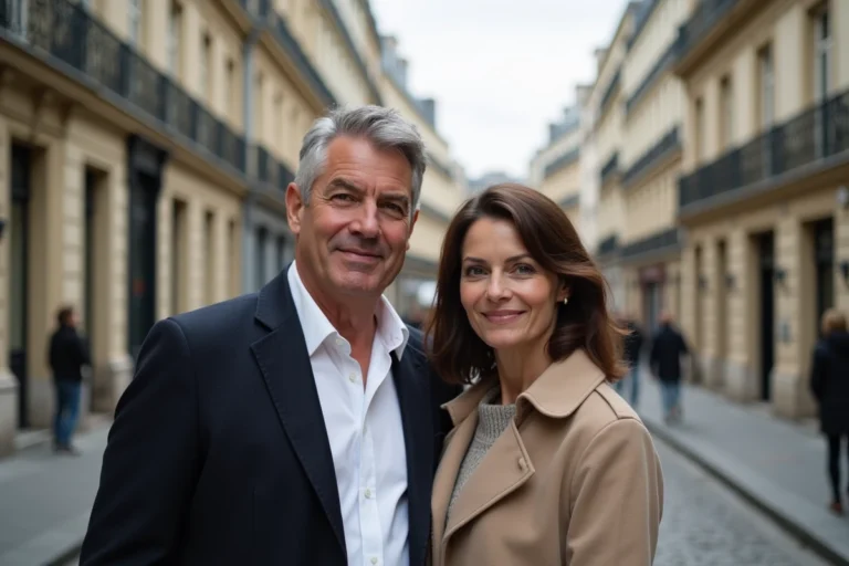 Couple discret et élégant dans une rue parisienne pavée, illustrant la vie privée et familiale d'Alain Bauer et son épouse