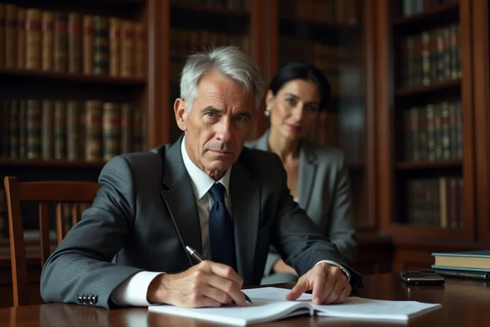 Homme distingué travaillant dans une bibliothèque privée avec sa compagne en arrière-plan, évoquant la vie familiale protégée et discrète d'Alain Bauer