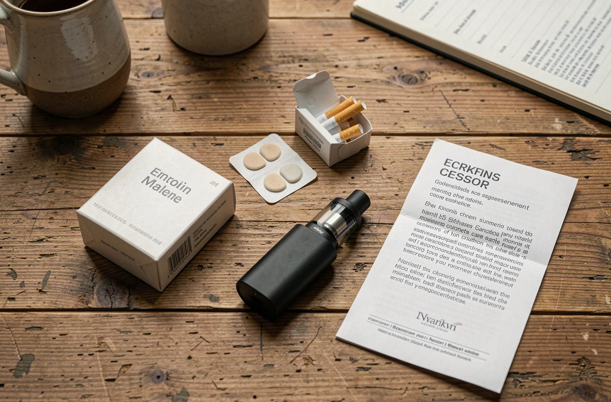 Vue aérienne d'un bureau avec paquet de cigarettes standardisé, patch nicotine et cigarette électronique comme alternatives au tabac