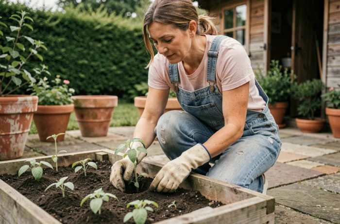 Femme jardinière aménageant un potager surélevé en bois avec des plants de tomates dans un jardin rustique