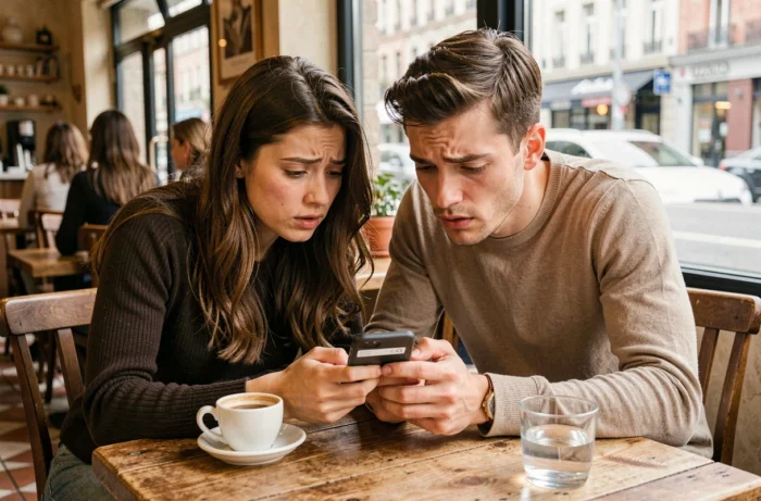 Two friends in a café searching together for an unfindable Instagram account after a username change