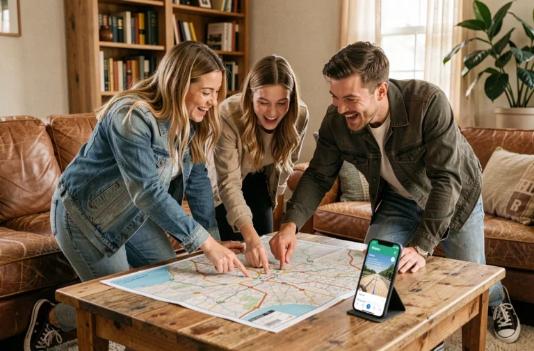 Trois amis planifiant un road trip autour d'une carte routière avec l'application Mappy sur smartphone