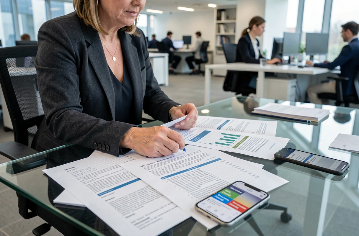 Femme professionnelle analysant des rapports d'emails et le dossier spam SFR dans un bureau en open space