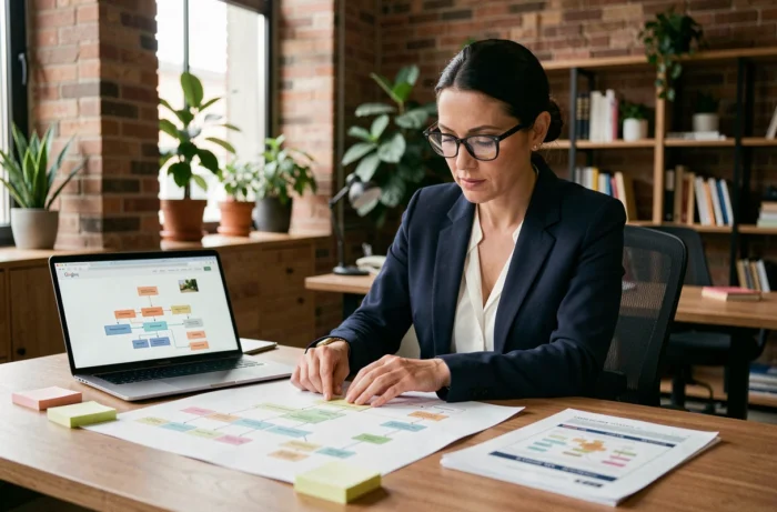 Femme éditorialiste analysant un plan de sitemap imprimé sur son bureau dans un bureau moderne