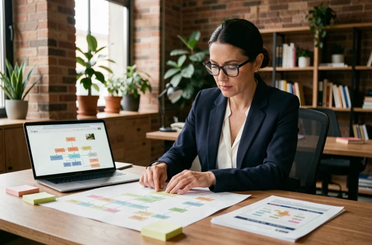 Femme éditorialiste analysant un plan de sitemap imprimé sur son bureau dans un bureau moderne