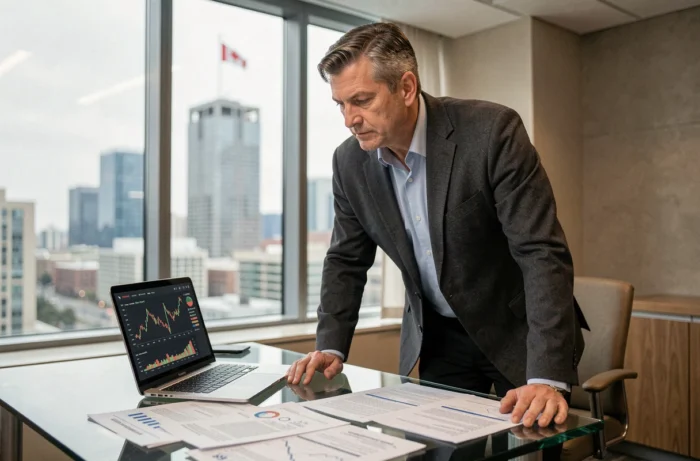 Analyste financier canadien examinant des documents réglementaires sur la cryptomonnaie dans un bureau moderne avec vue sur une ville canadienne
