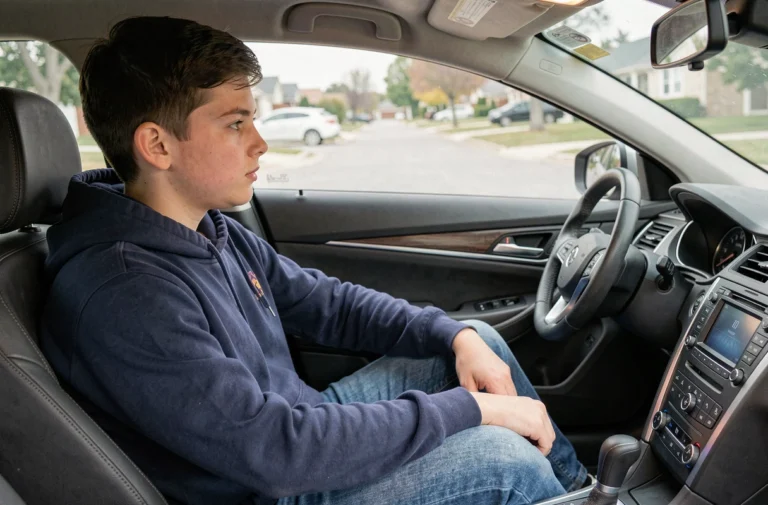 Jeune apprenti conducteur de 16 ans assis dans une voiture d'auto-école, attentif aux consignes de son moniteur, illustrant les démarches pour obtenir le permis de conduire accompagné