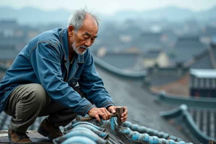 Artisan chinois âgé réparant des tuiles bleues émaillées sur un toit traditionnel d'un village historique en Chine