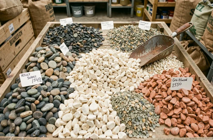 Assortiment de graviers décoratifs pas chers présentés dans un magasin de jardinage avec étiquettes de prix