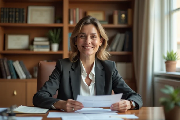 Avocate spécialisée en droit de la famille consultant des documents dans son cabinet à Nice