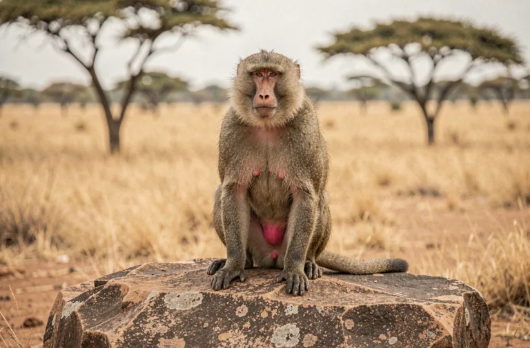 Babouin adulte assis sur un rocher en savane africaine montrant ses fesses rouges caractéristiques