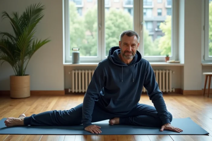 Homme d'âge moyen faisant des étirements sur un tapis de yoga dans un salon minimaliste, représentant l'activité physique et le bien-être quotidien