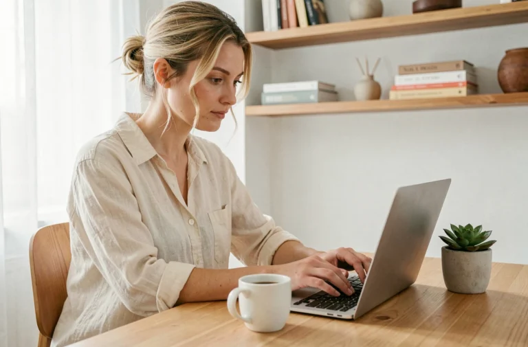 Blogueuse française travaillant sur son blog depuis son bureau en bois scandinave avec un laptop et un café