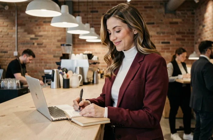 Blogueuse mode et lifestyle prenant des notes dans un café urbain moderne, illustrant les nouvelles tendances du blogging féminin en 2024