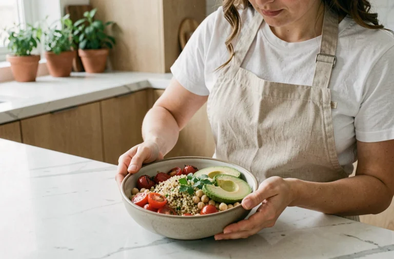 Femme préparant un Buddha bowl coloré et équilibré avec quinoa, avocat et légumes frais dans une cuisine moderne