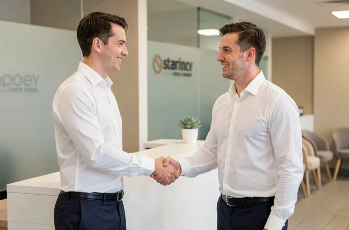 Candidat et recruteur se serrant la main lors d'un placement de personnel extra en agence