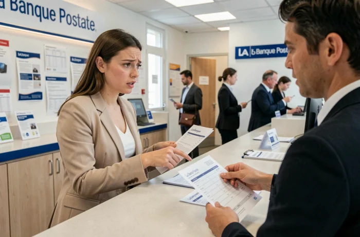 Cliente en la agencia de La Banque Postale reportando un débito desconocido a un asesor bancario con documentos