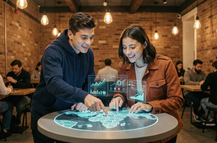 Deux professionnels collaborant sur une projection holographique de données dans un espace de coworking innovant