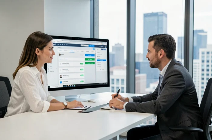 Deux collègues consultant ensemble un tableau de bord de compte utilisateur en entreprise