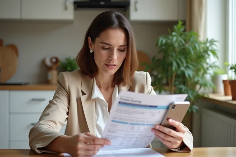 Femme comparant des offres d'assurance auto sur smartphone et documents imprimés