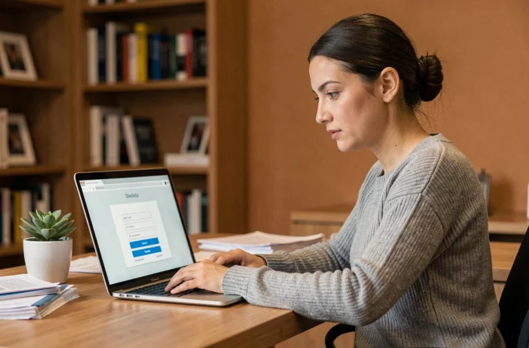 Femme accédant à son compte utilisateur sur un ordinateur portable depuis un bureau à domicile