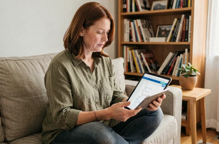 Femme consultant la page sitemap d'un magazine en ligne sur une tablette depuis son bureau à domicile