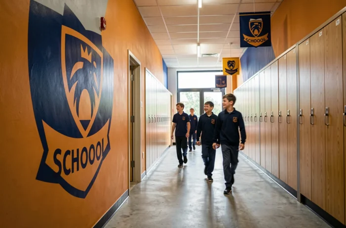 Couloir d'école avec identité visuelle appliquée sur les murs, montrant le logo et les couleurs institutionnelles de l'établissement