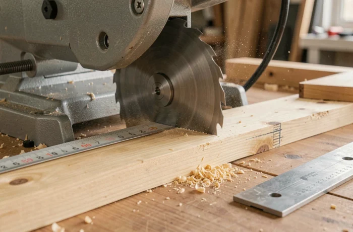 Primer plano de una hoja de sierra radial realizando un corte en bisel a 45 grados en una tabla de pino