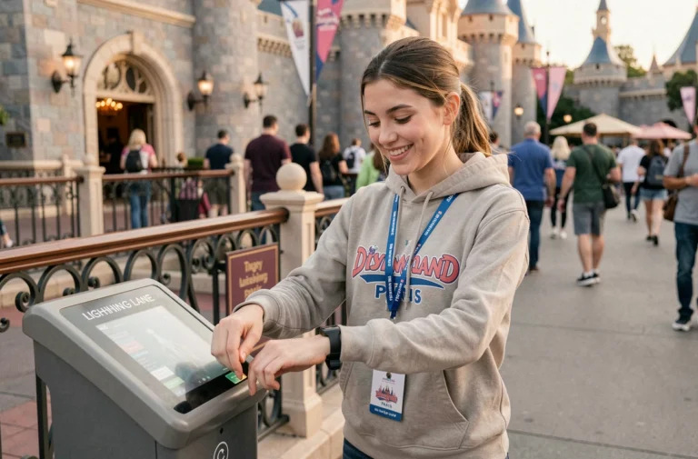 Jeune femme utilisant un accès coupe-file à l'entrée d'une attraction de Disneyland Paris avec son bracelet de parc