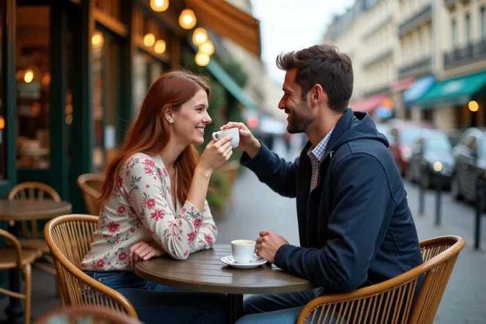 Couple complice partageant un café en terrasse parisienne dans une atmosphère romantique et détendue