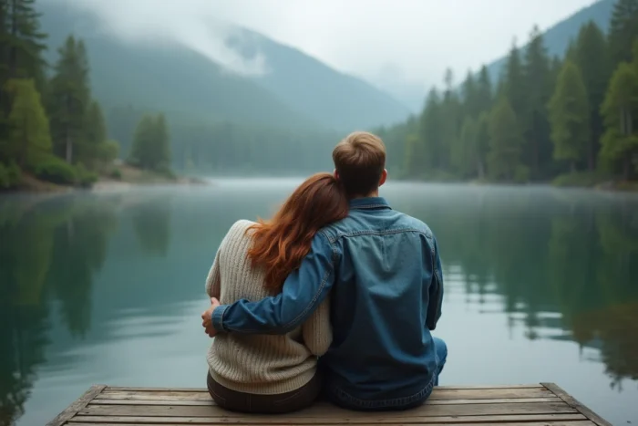 Couple romantique assis sur un ponton en bois au bord d'un lac paisible entouré de forêt verte