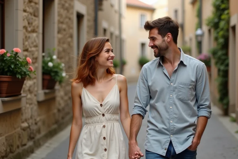 Couple amoureux se promenant main dans la main dans une rue pavée d'un village français pittoresque