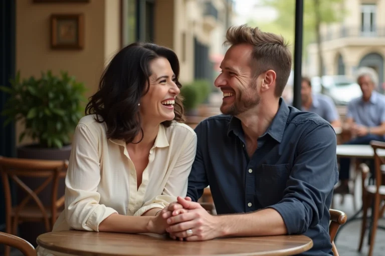 Couple souriant assis ensemble en terrasse parisienne, illustrant la vie de couple complice et amoureuse