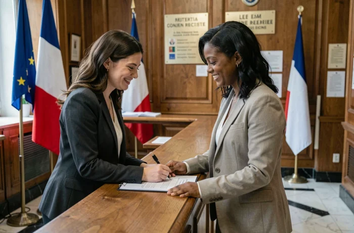 Couple féminin enregistrant leur union légale à la mairie lors d'une déclaration de PACS en France