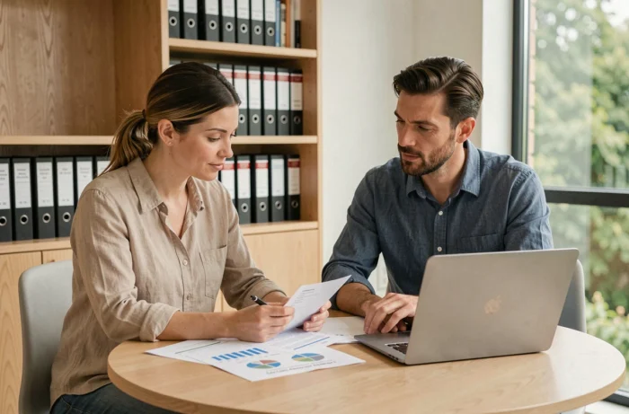 Couple étudiant un dossier d'investissement immobilier durable avec projections financières dans un bureau professionnel