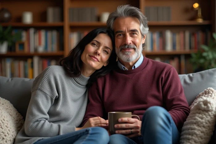 Couple détendu et complice dans un salon cosy, représentant la vie intime et amoureuse d'un mari et de sa compagne