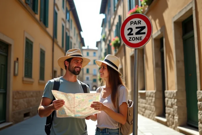 Couple de touristes devant un panneau de zone ZTL à Florence essayant de comprendre les restrictions de circulation italiennes