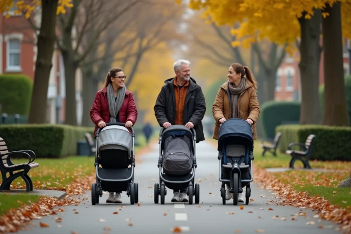 Deux couples avec poussettes se promènent dans un parc pour trouver une cofamille dans leur quartier