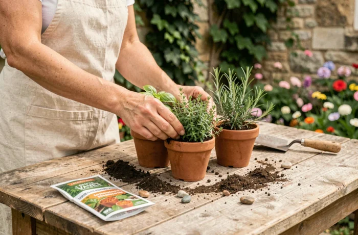 Mains de femme arrangeant des pots de fines herbes en terre cuite sur une table de rempotage en bois dans un jardin de cottage