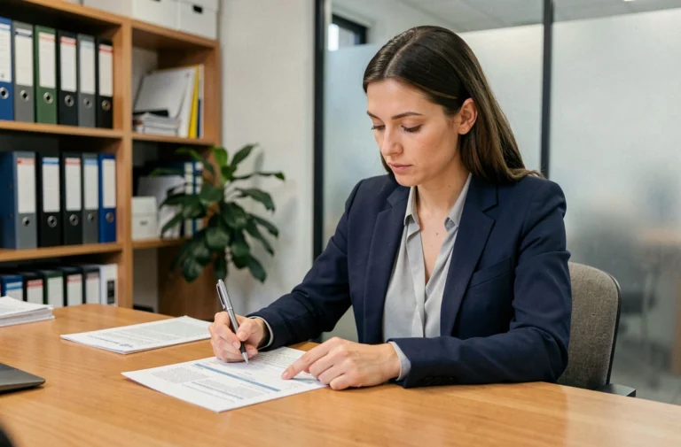 Femme remplissant un dossier de demande d'aide à la formation dans un bureau administratif régional