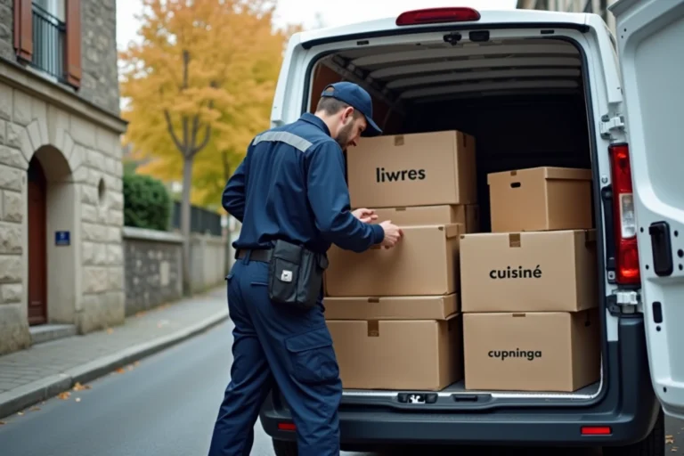 Déménageur chargeant des cartons dans un camion de déménagement 4m3 devant un immeuble parisien