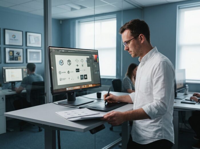 Designer grafico professionale che lavora su un software di creazione vettoriale in uno studio di design moderno