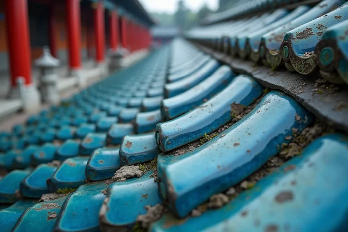 Détail en gros plan de tuiles bleues émaillées anciennes d'un temple chinois montrant les craquelures, le lichen et la richesse des tons cobalt et lapis-lazuli
