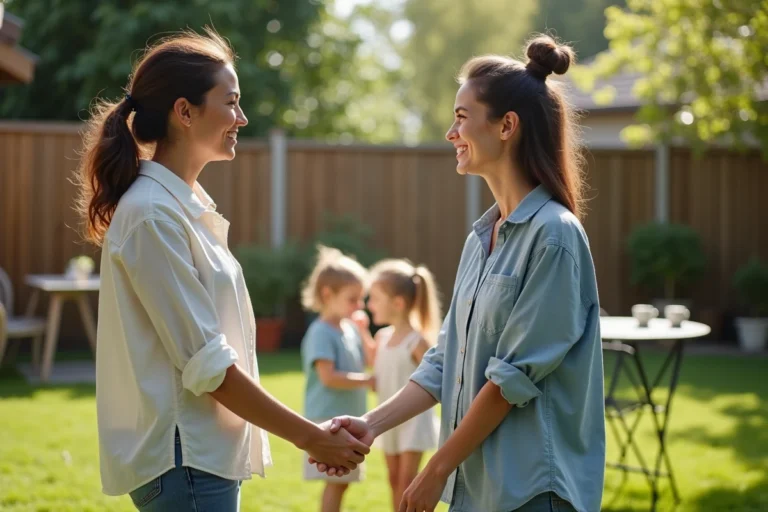 Deux familles se rencontrent pour la première fois dans un jardin de banlieue pour explorer une cofamille