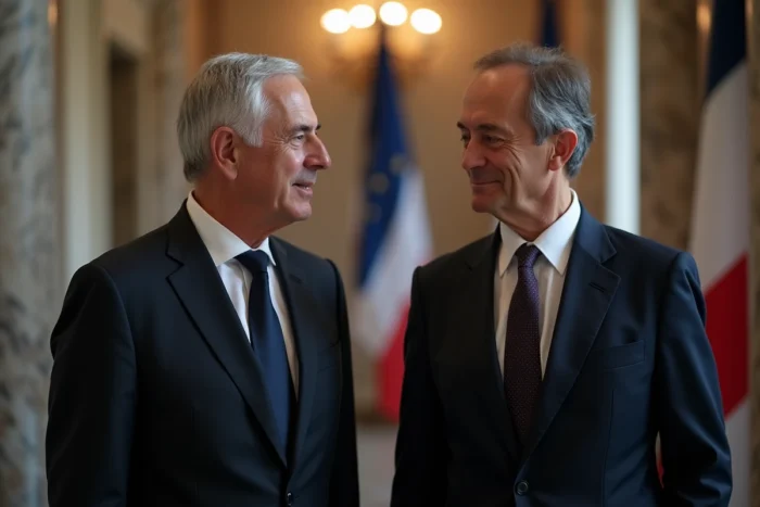 Deux hommes politiques en costume discutant lors d'un événement officiel, comparaison de stature naturelle